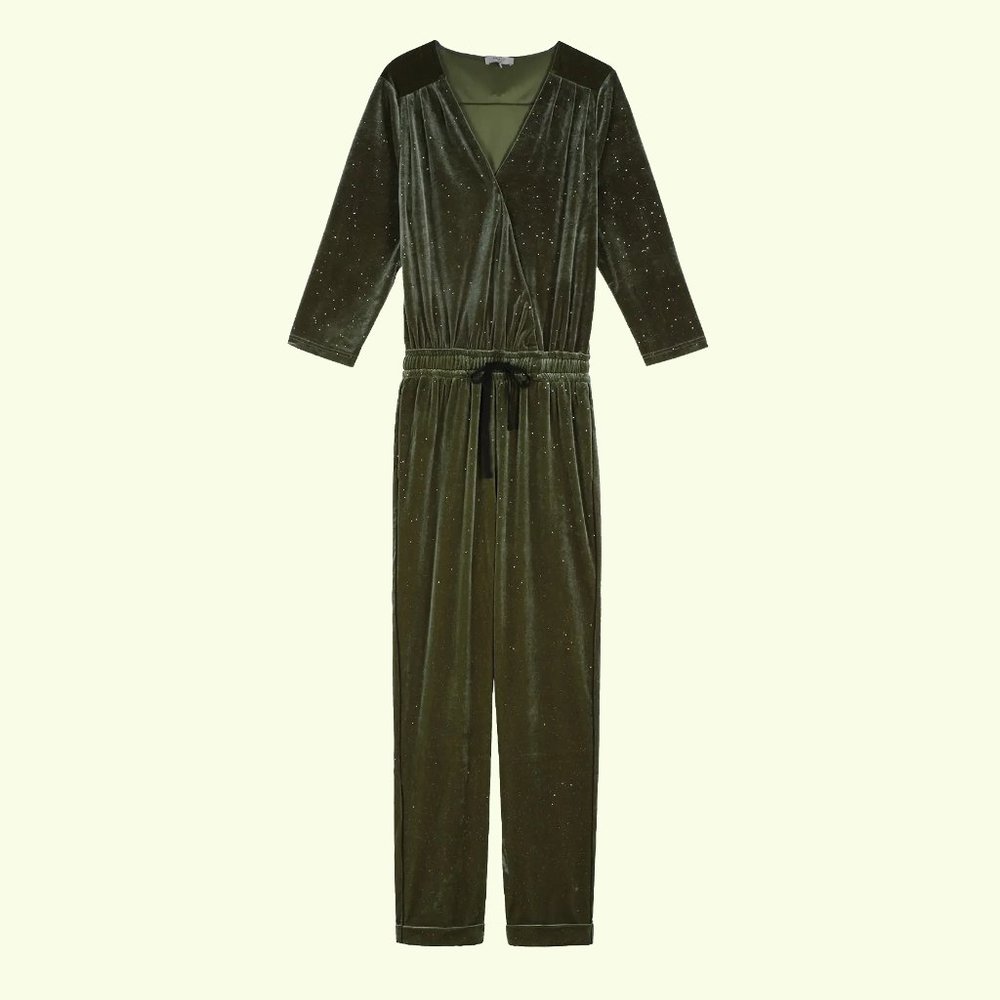 NEW FRNCH Women Glitter Velvet Olive V Neck Wrap Jumpsuit Long Sleeve Pants - Picture 4 of 7